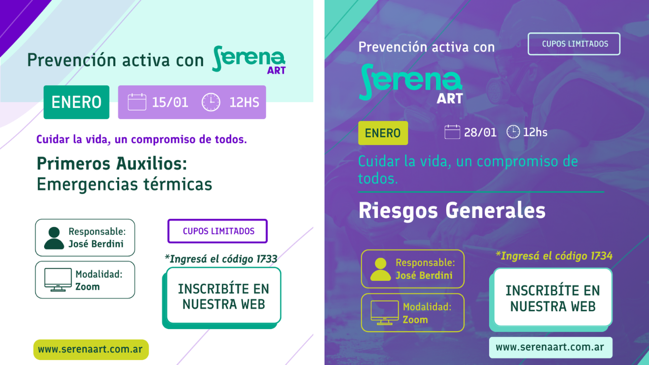 La primera capacitación será el 15/01 sobre "Primeros auxilios: Emergencias térmicas". La segunda será el día 28/01 sobre "Riesgos generales". Modalidad: virtual.