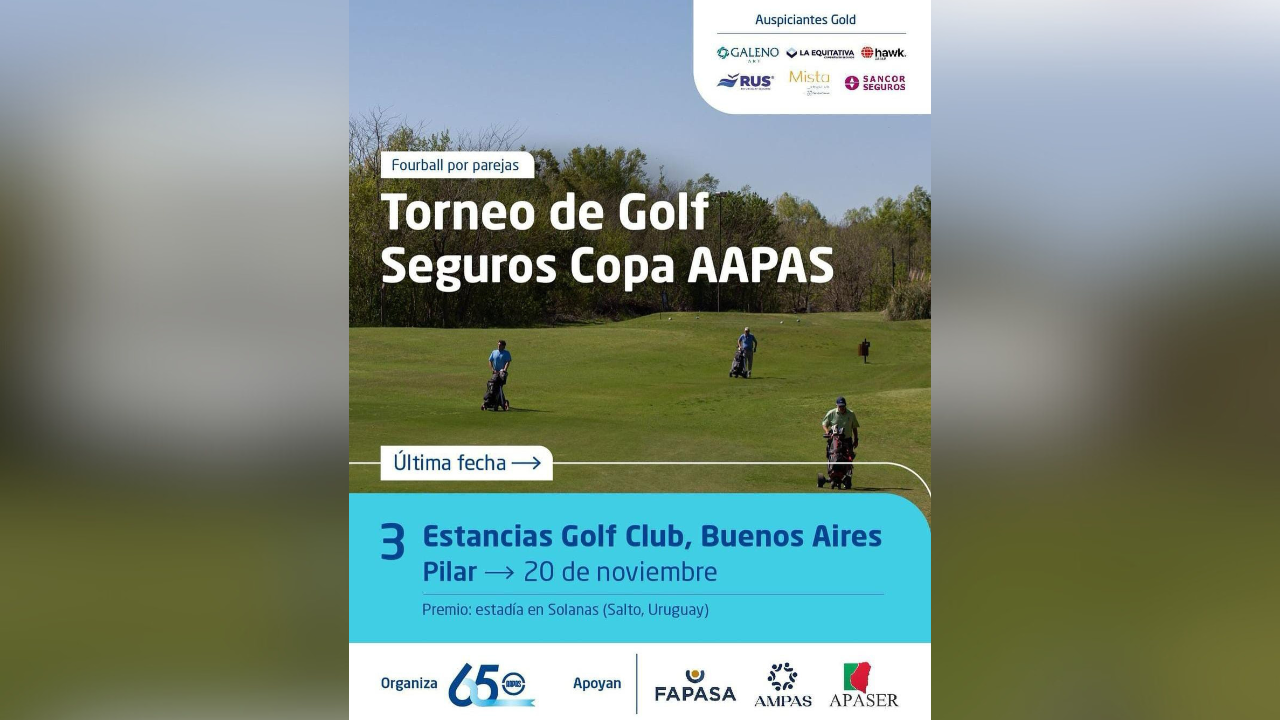 Llega la última fecha del Torneo de Golf Seguros 2024. Se llevará a cabo el próximo 20 de noviembre en Estancias Golf Club, Buenos Aires.